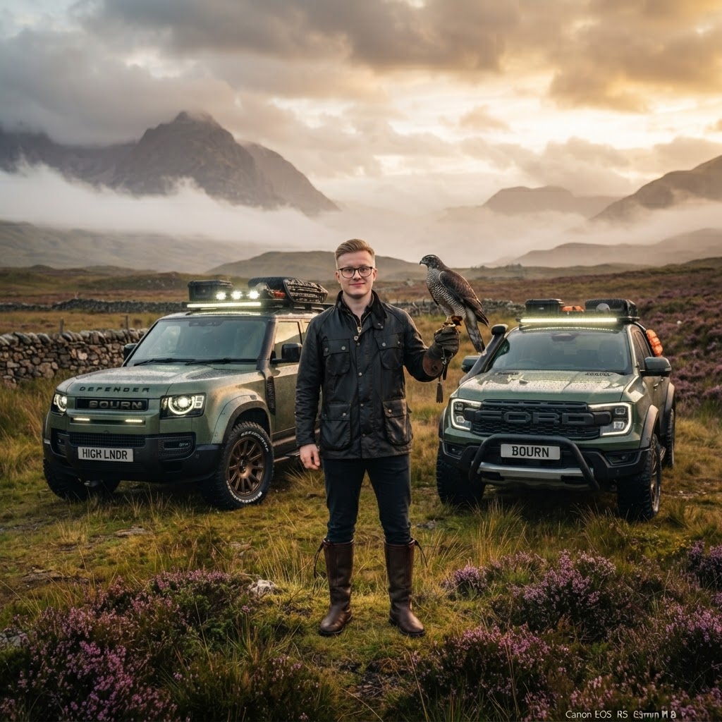 Bourn Truck Co. founder with Defender, Raptor and birds of prey on a Peak District estate, Derbyshire