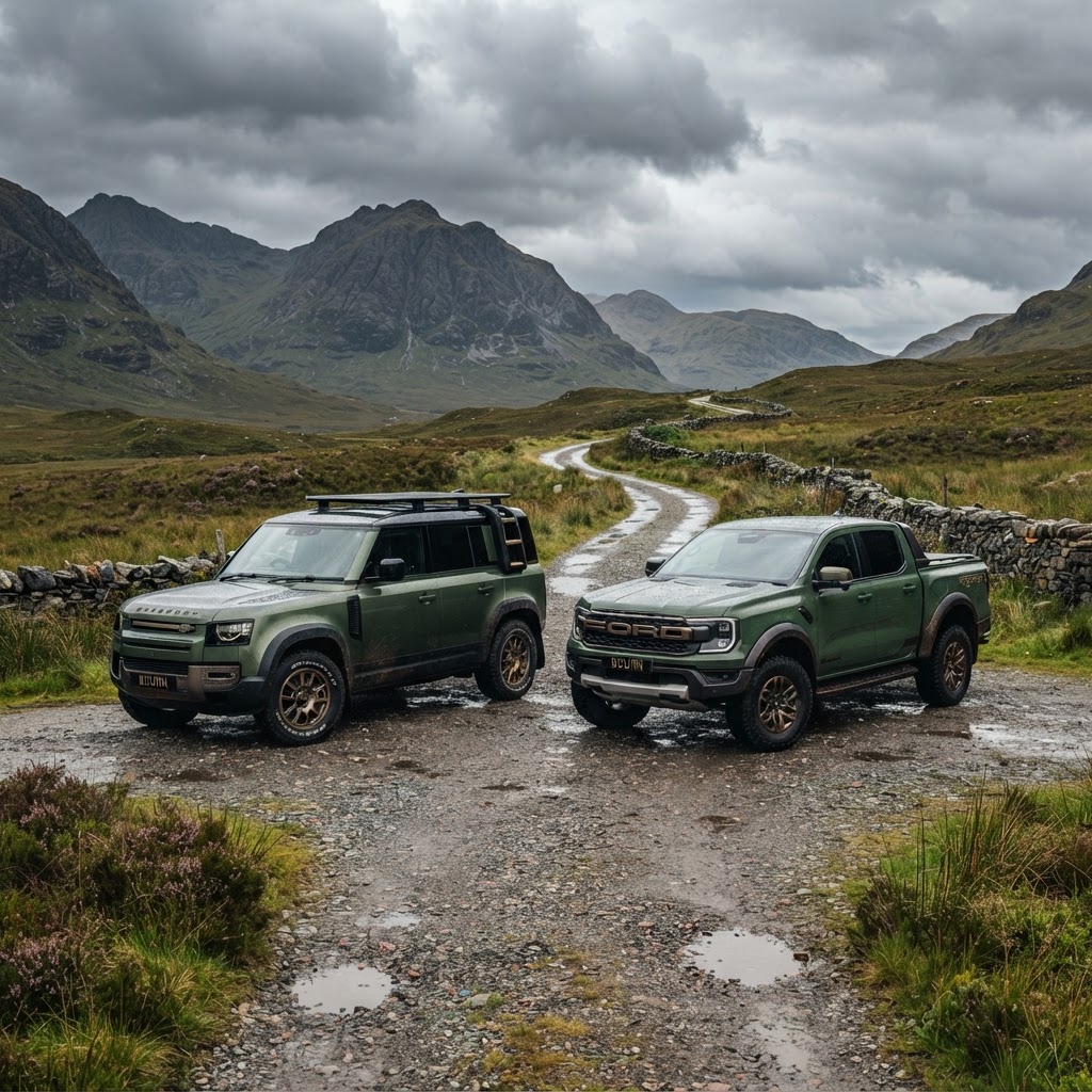 Bourn Defender and Raptor on the Derbyshire hills