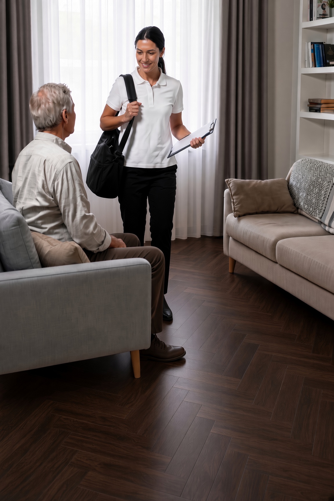 Physiotherapist supporting a patient during a home rehabilitation session