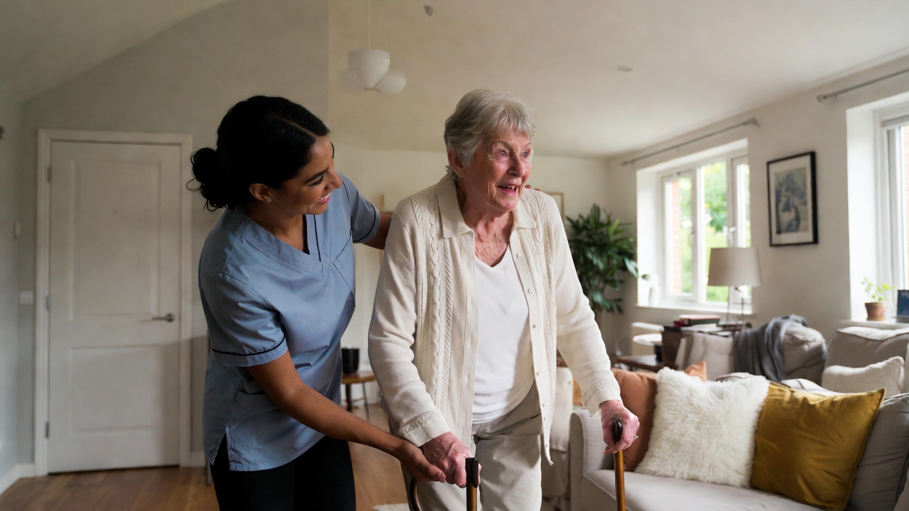Physiotherapist supporting patient during home rehabilitation