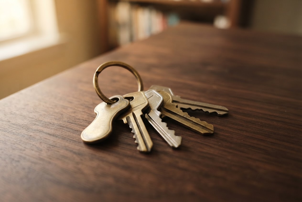 House keys on a dark wood table