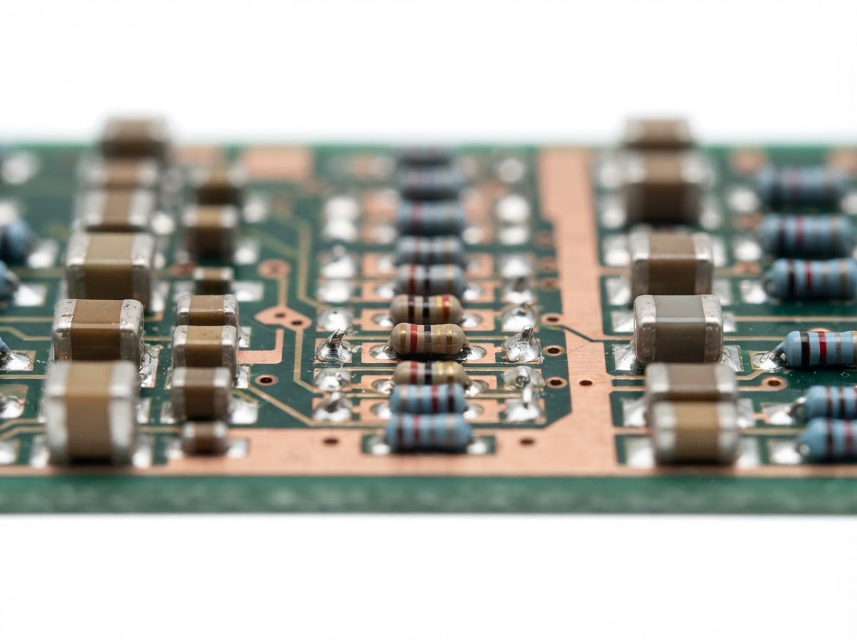 Macro photograph of electronic capacitors and resistors on a circuit board