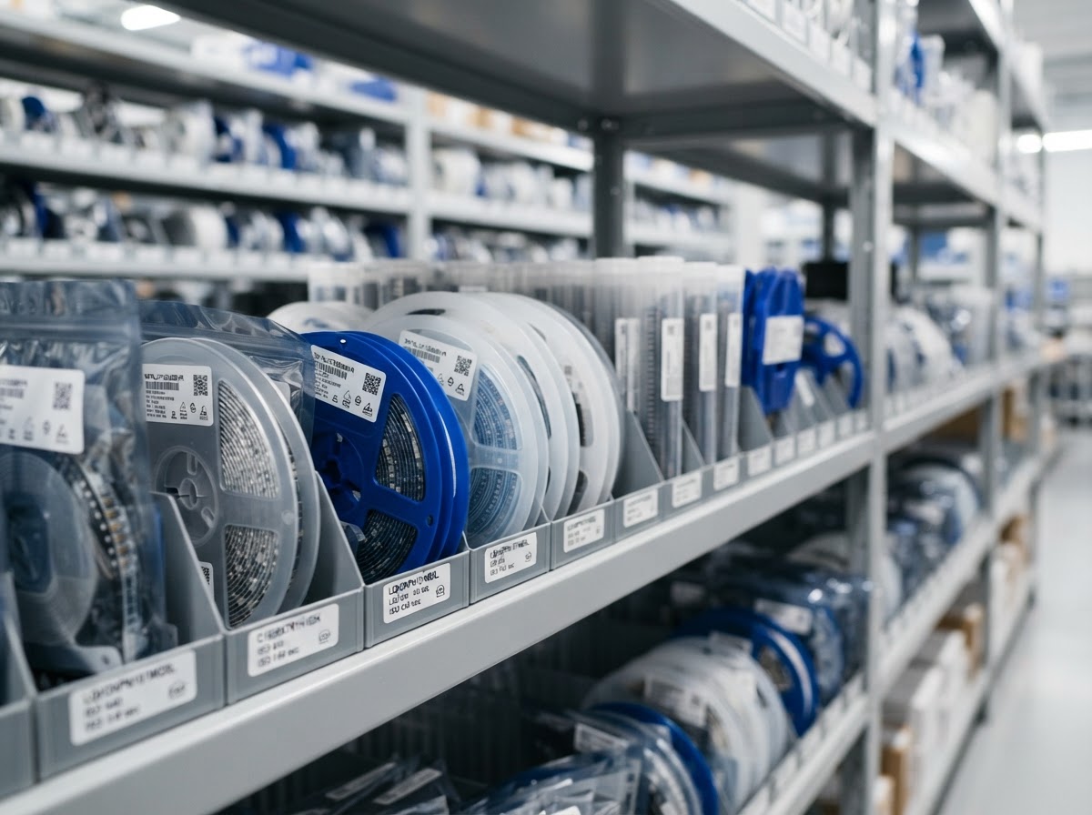 Organized electronic component warehouse shelves