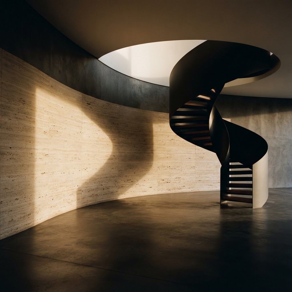 Warm light falling across a sculptural travertine wall and staircase