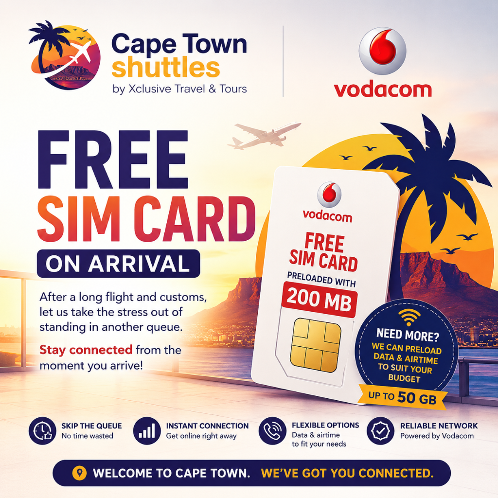 Free SIM Card on Arrival — powered by Vodacom, with up to 50 GB preloadable data