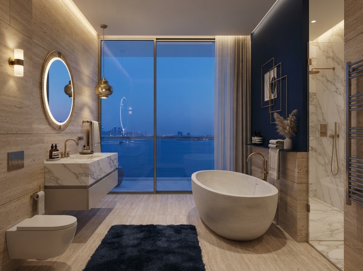 Jacob & Co. Residences bathroom with stone surfaces and branded gold fittings