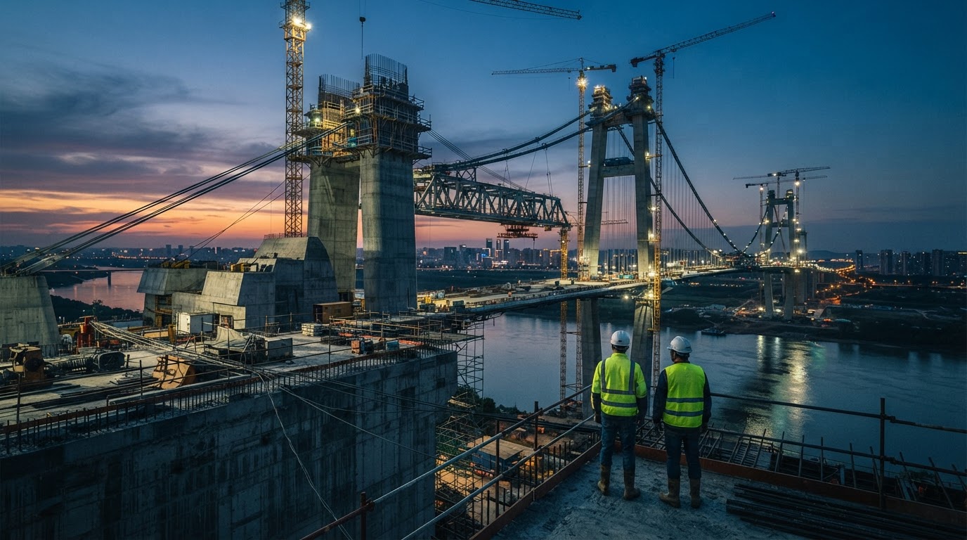 Bridge under construction at dusk with engineers overseeing the project