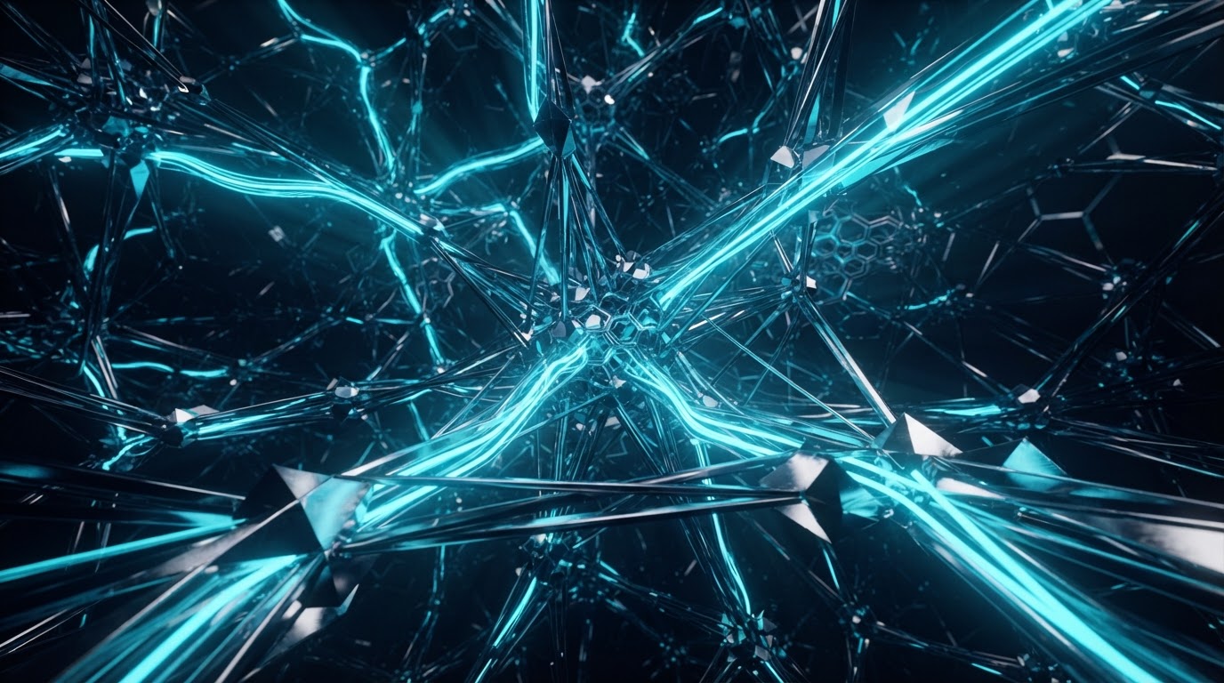 Flujos de datos abstractos con iluminación volumétrica cyan sobre fondo obsidiana