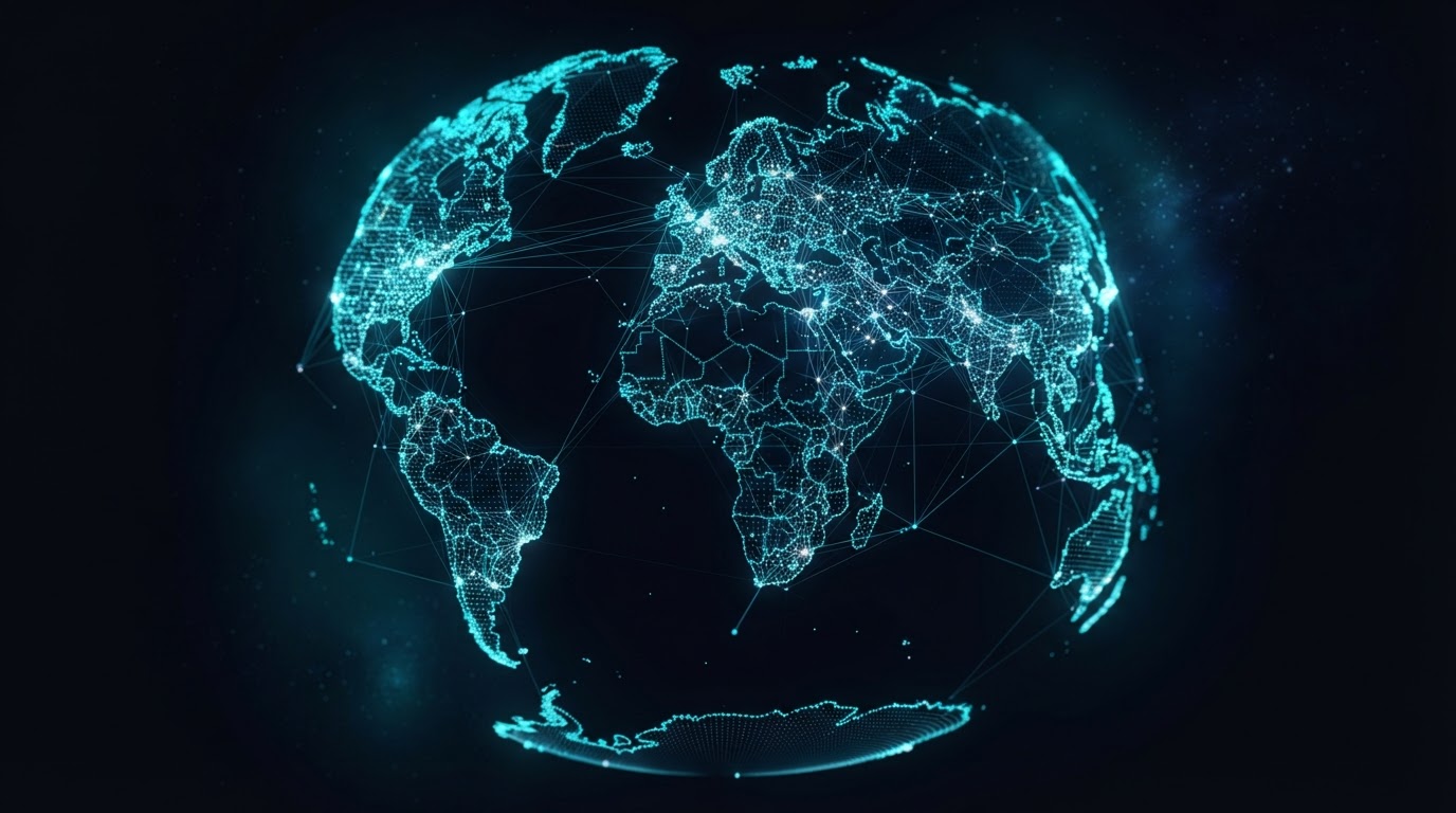 Mapa de alcance global representado en estilo dot-matrix