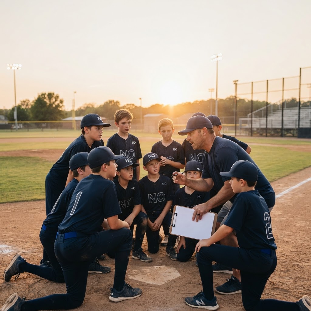 Travel baseball team huddle at golden hour