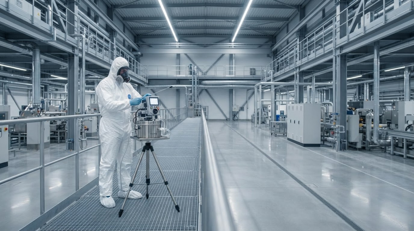 BBE technician conducting air quality sampling in full PPE