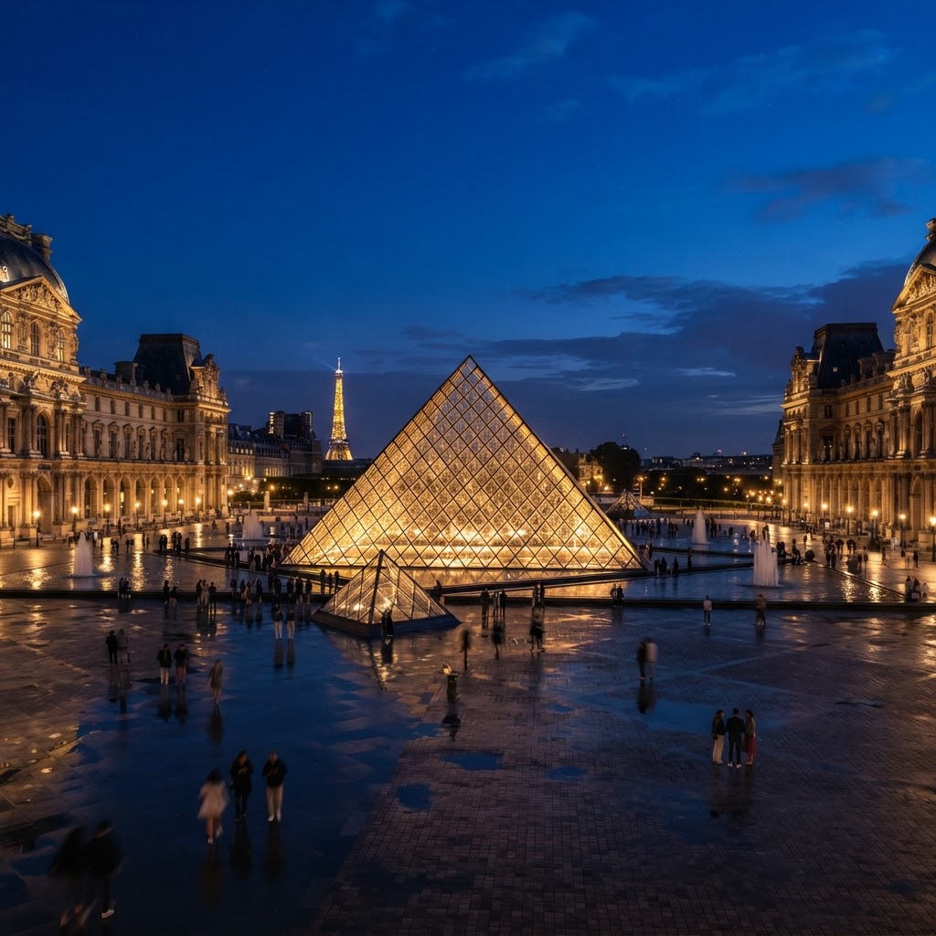 The Louvre pyramid glowing at blue hour
