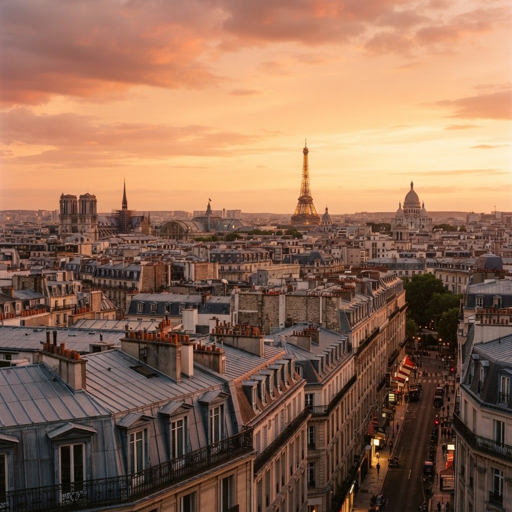 Paris rooftops at sunset
