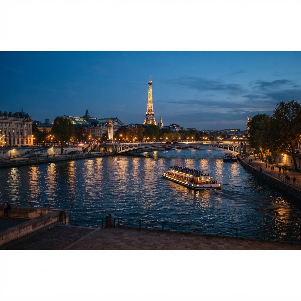 The Seine at dusk with the Eiffel Tower illuminated