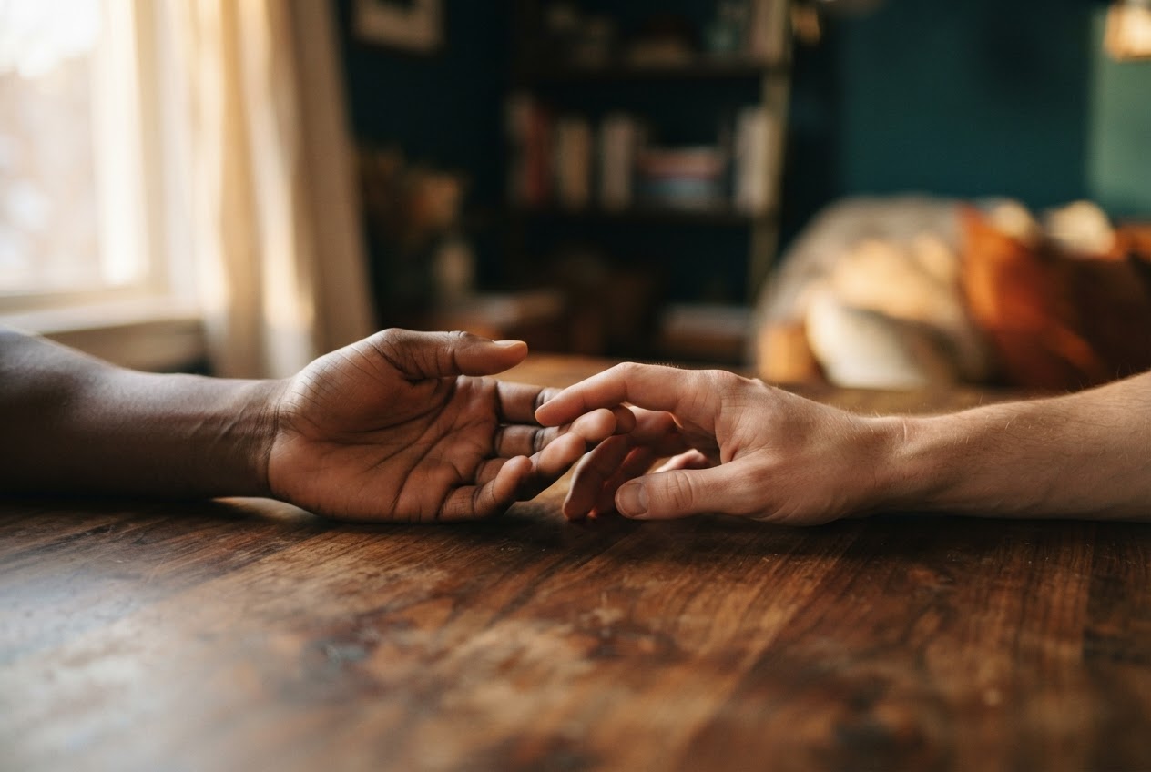 Mains se rapprochant sur une table en bois