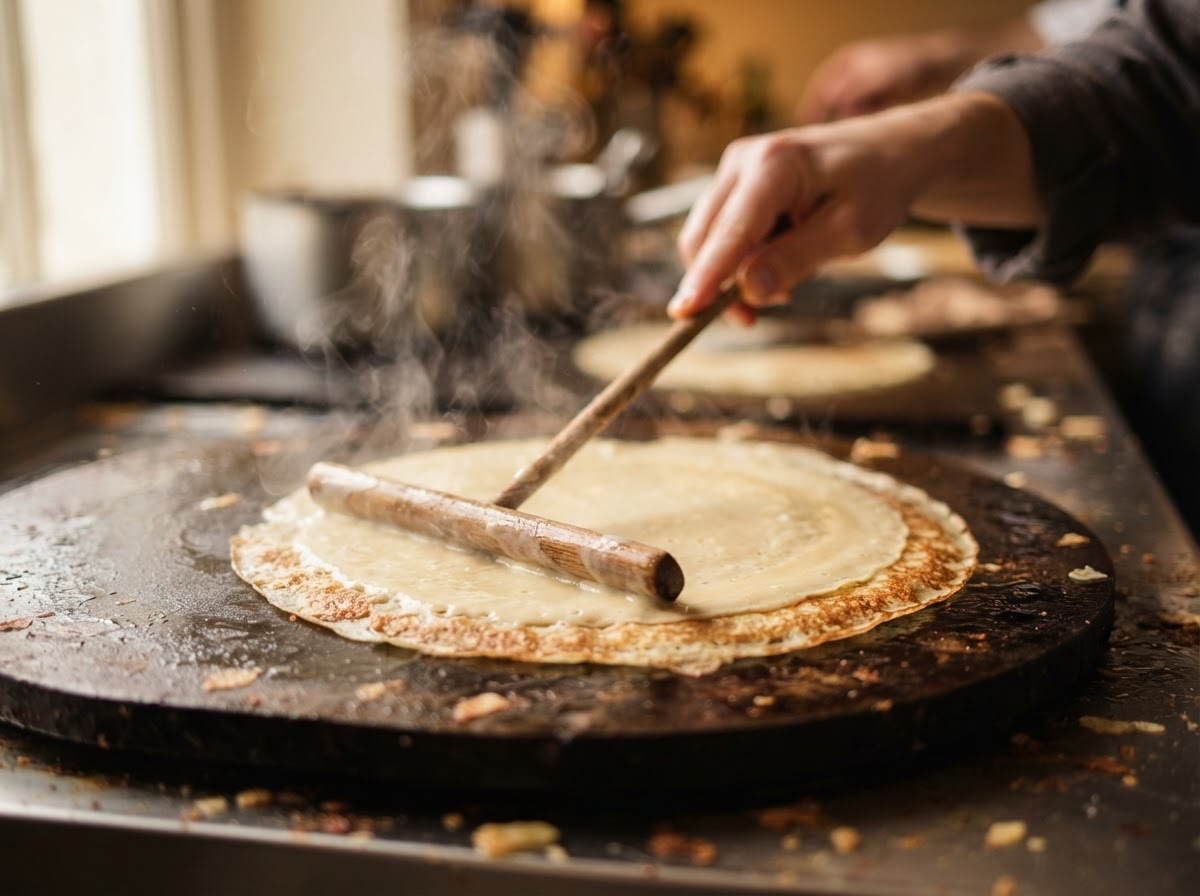 Crepe batter spreading on a hot griddle