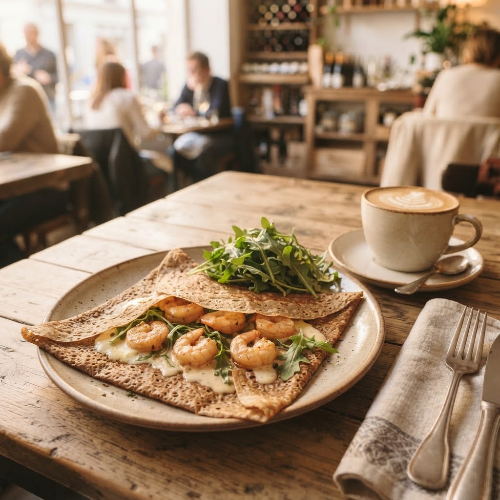 Shrimp crepe with a latte