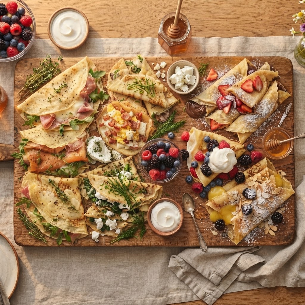 Assorted triangle crepes: shrimp, chocolate harmony, berries and cream, bacon egg and cheese