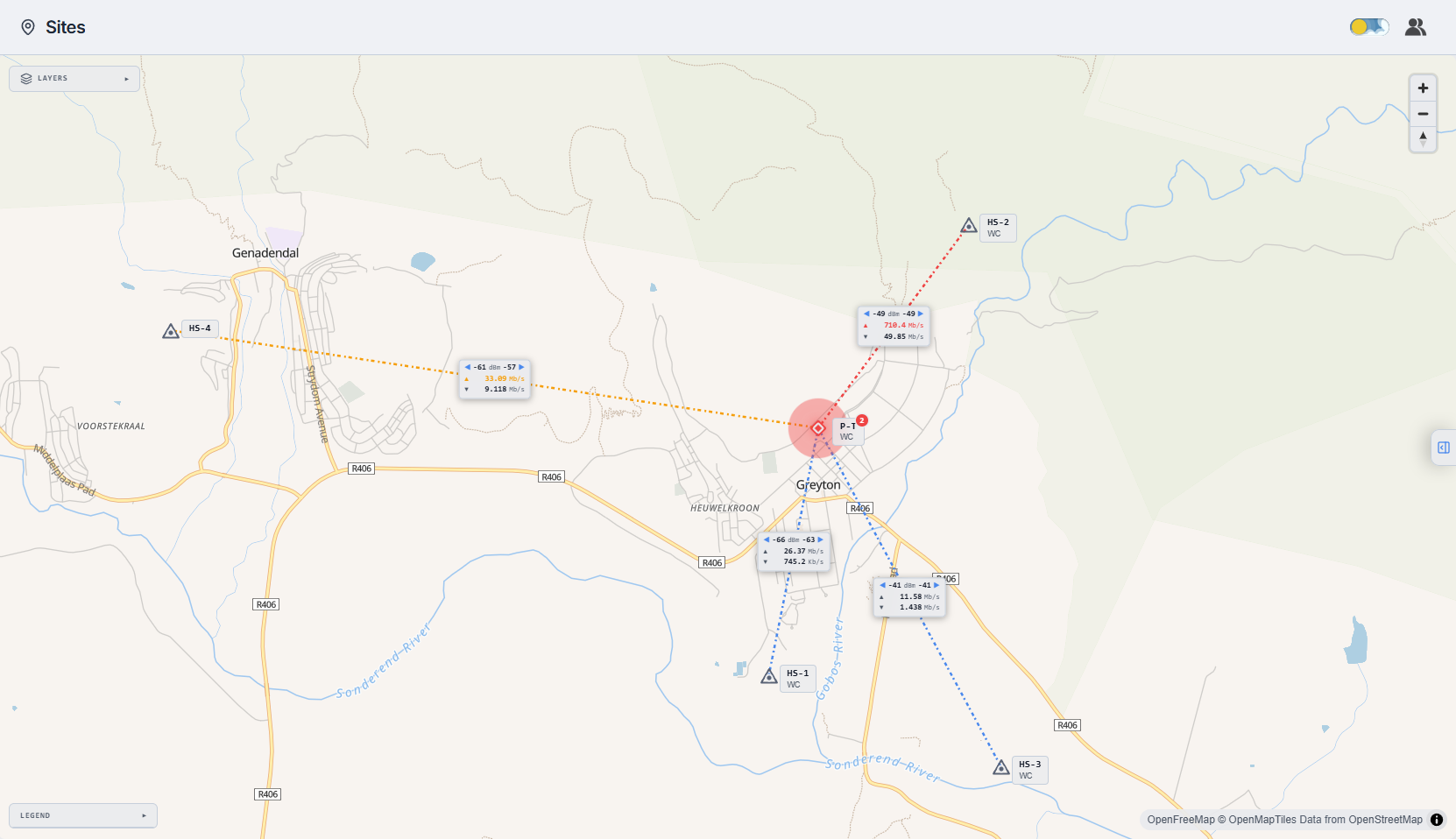 Tower Sense site map showing sites, links and alert states on a live map