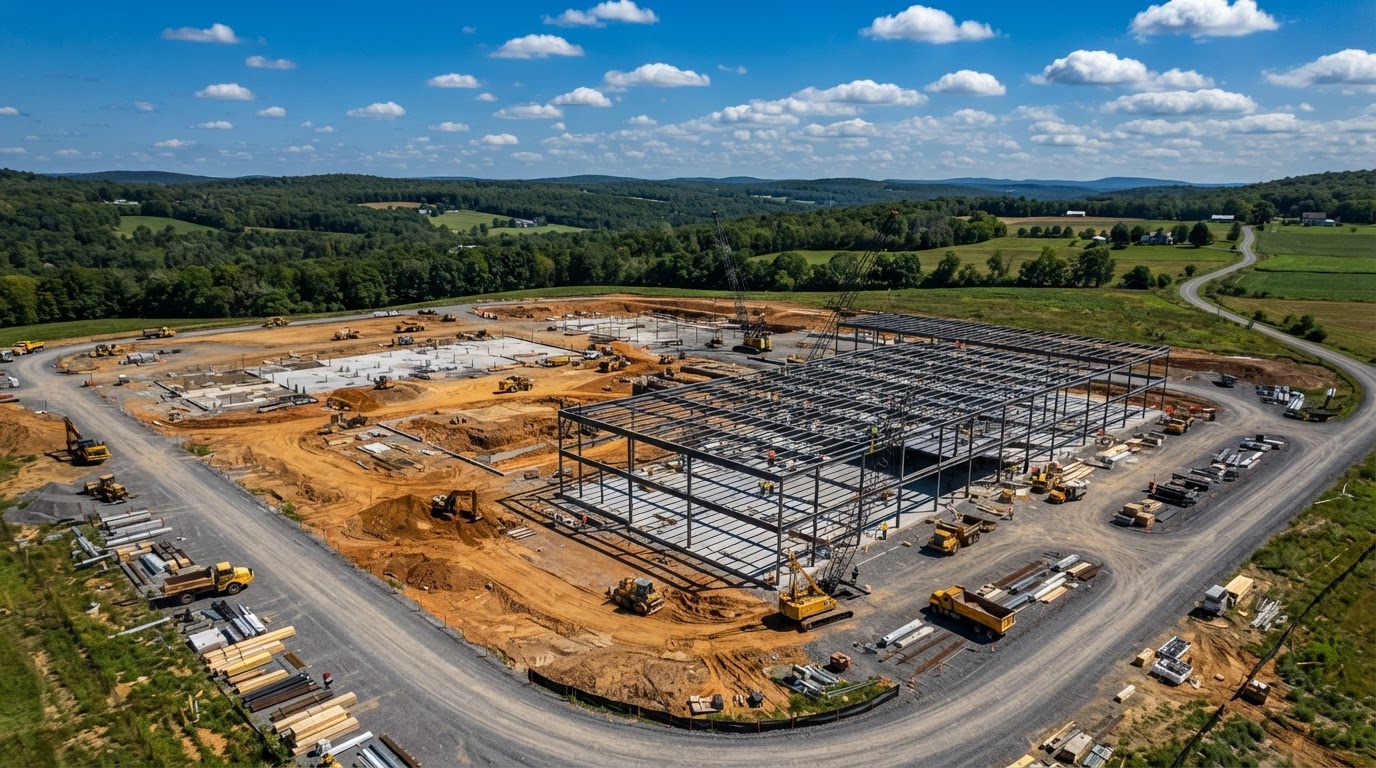 Aerial view of active construction site