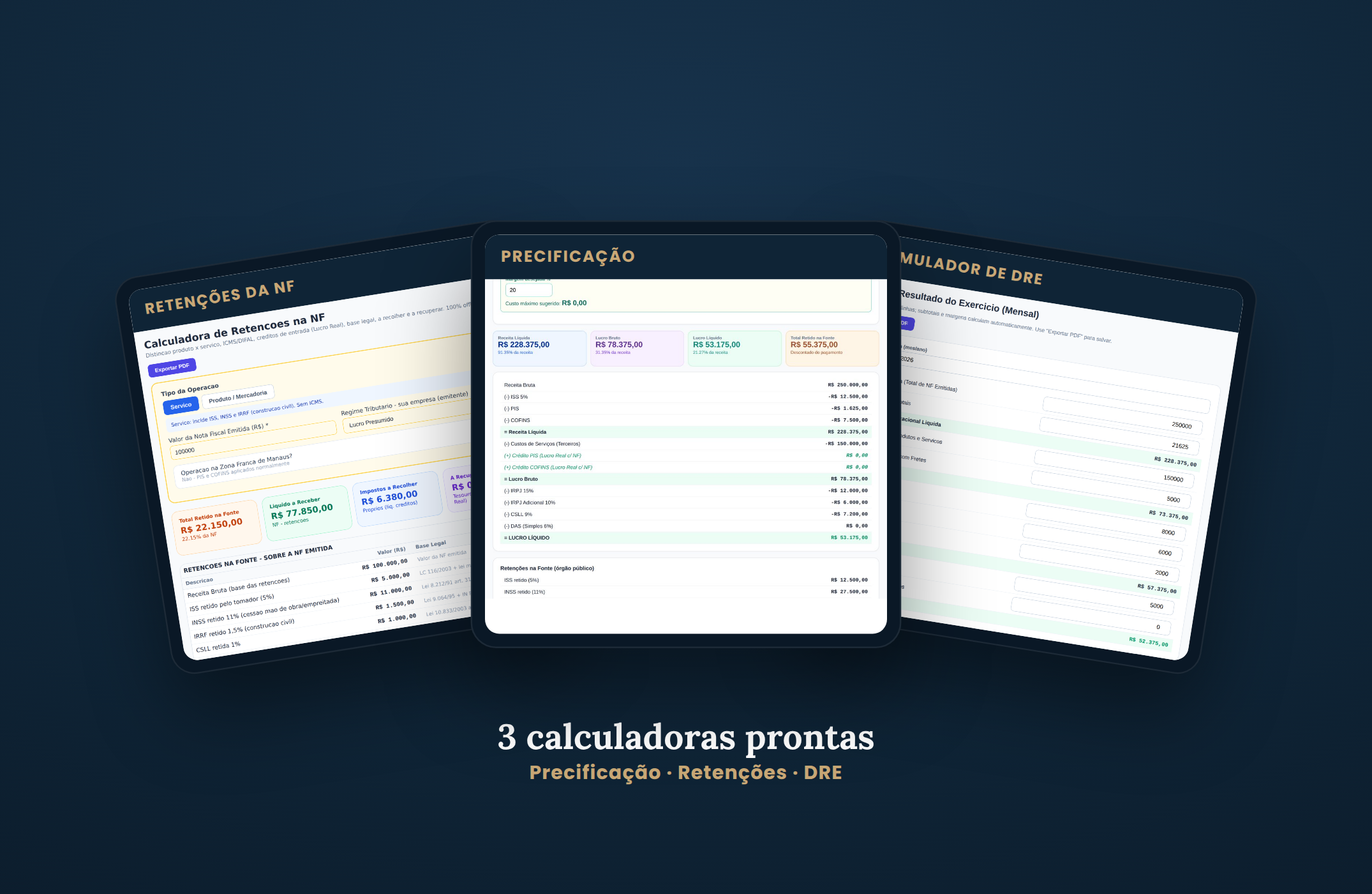 3 calculadoras prontas: Precificação, Retenções e DRE