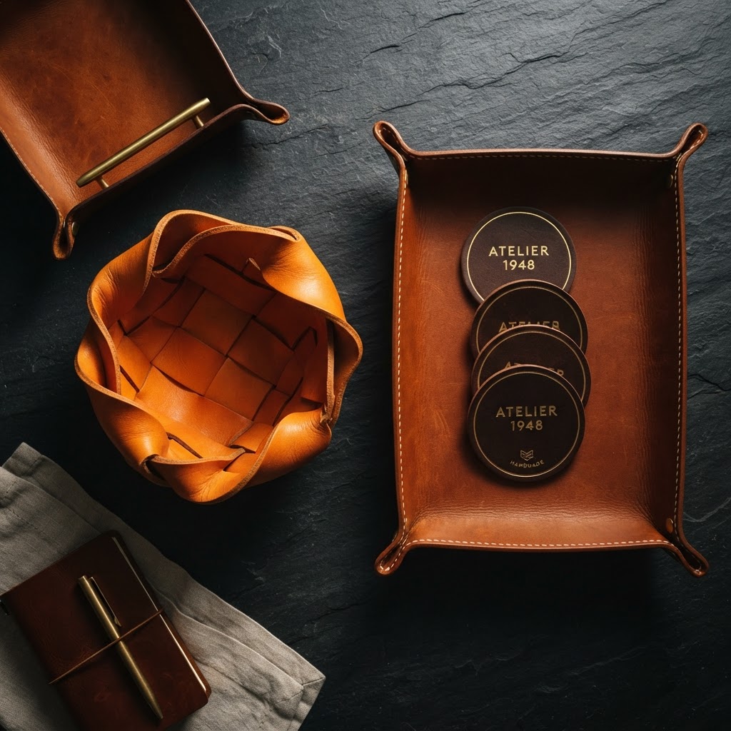 Leather Décor Accessories — Trays, baskets, coasters — bespoke leather objects for the guest environment