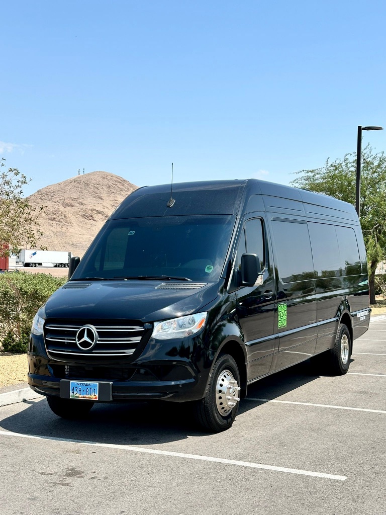 Black Mercedes Sprinter van in parking lot