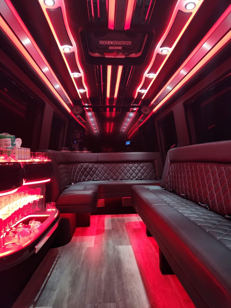 Sprinter limo interior with red LED ambient lighting and bar