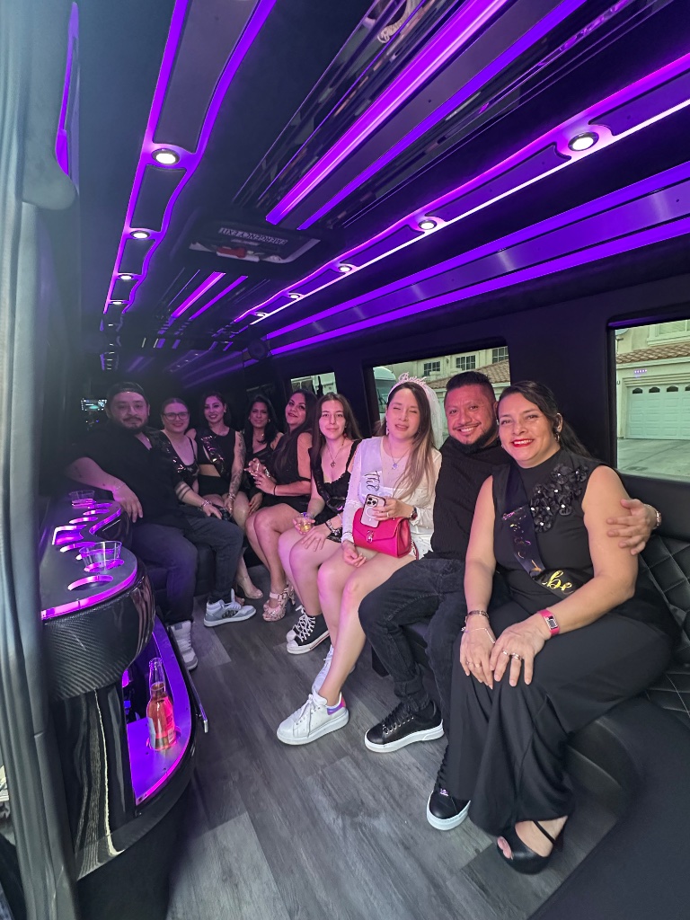 Bachelorette party inside Sprinter limo cabin with purple LED lighting and bar