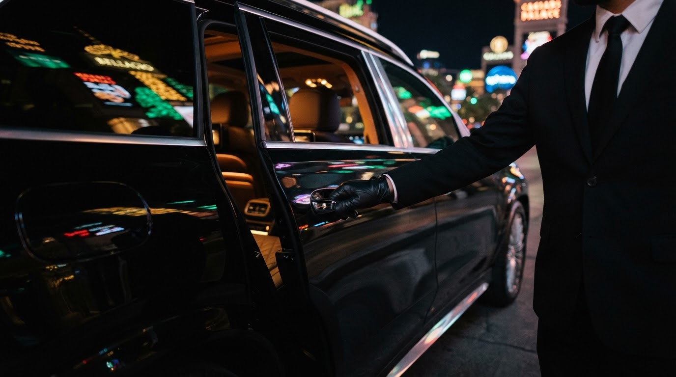 Viva Limo chauffeur opening the door of a luxury black SUV in Las Vegas for a passenger