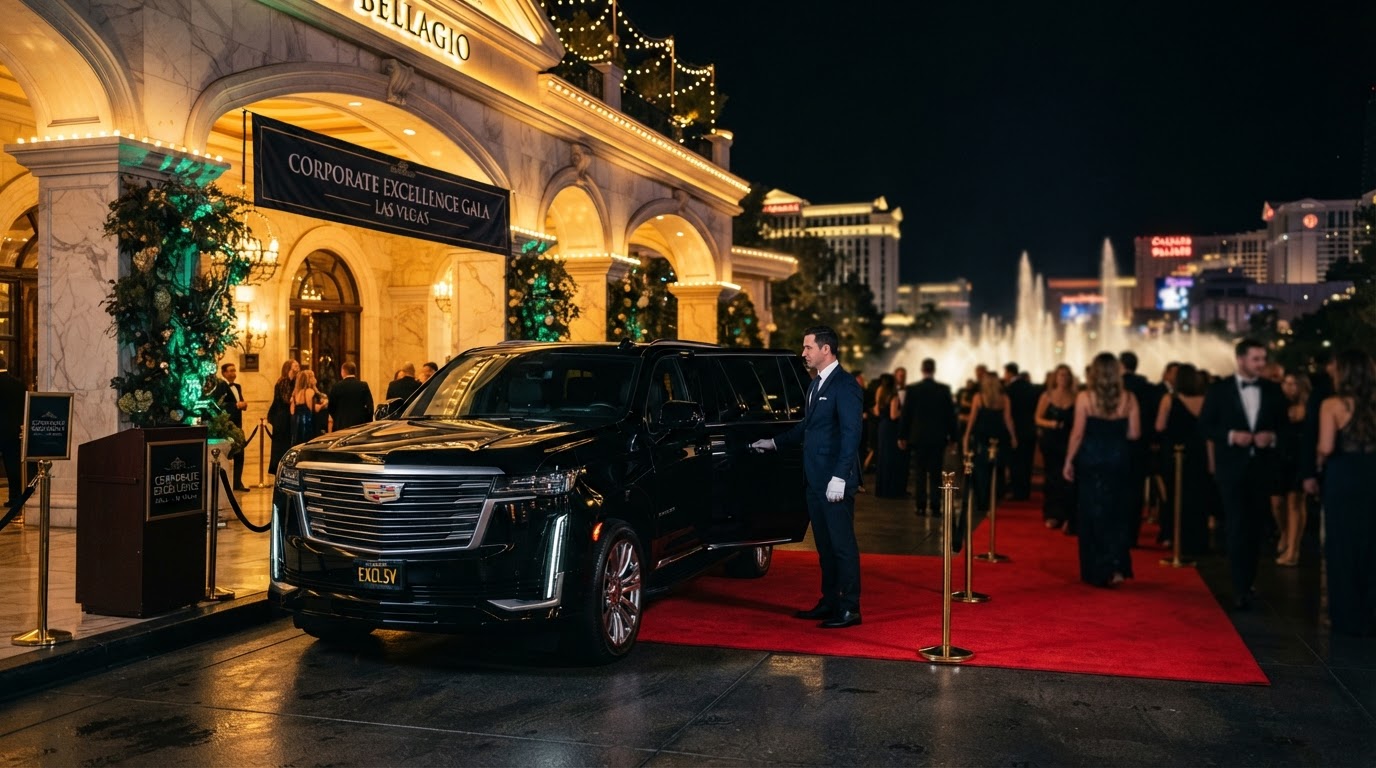 Corporate event attendees arriving in a luxury SUV in Las Vegas