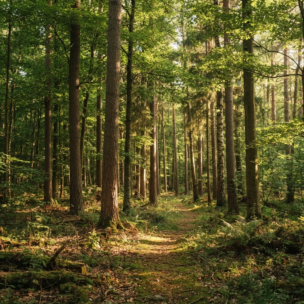 Sunlight filtering through tall green trees