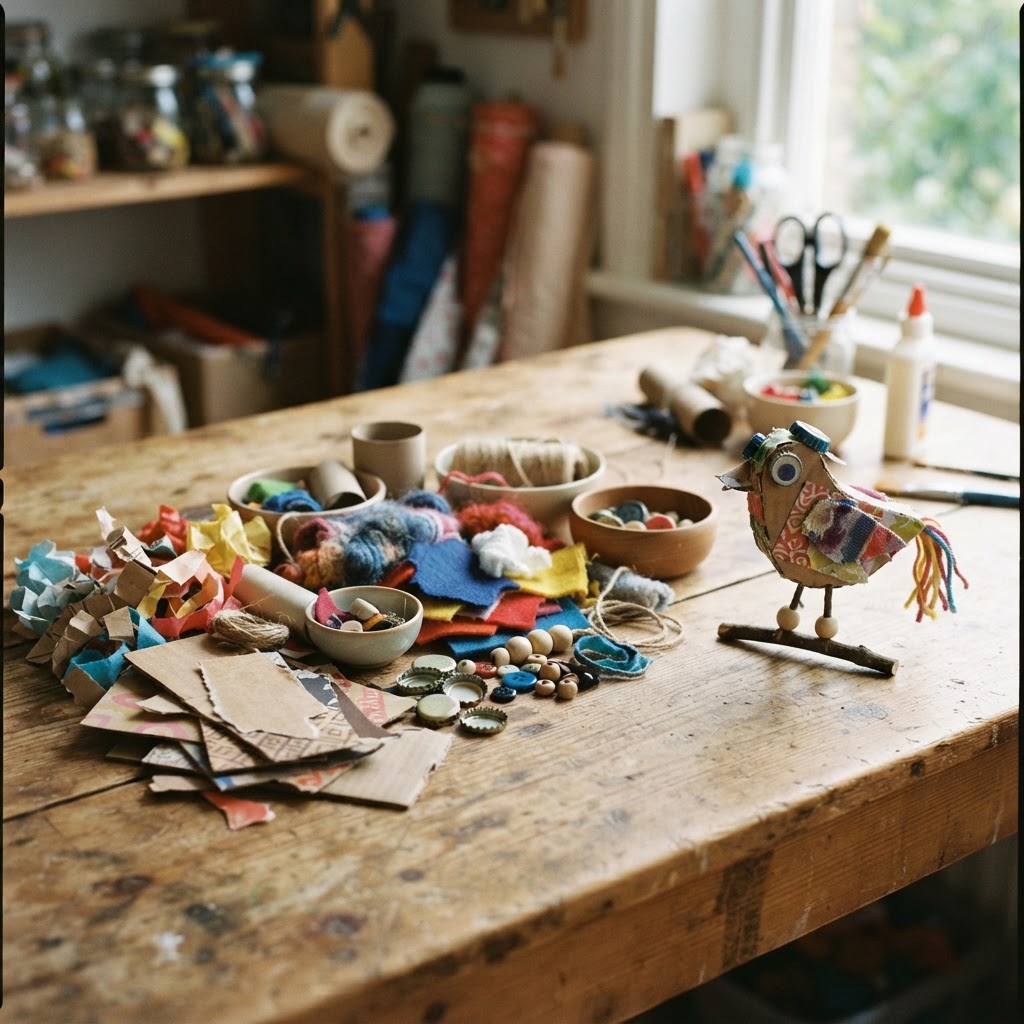 Colourful upcycled craft materials — cardboard offcuts, fabric scraps, paper trimmings — arranged ready for making, with a small finished child's creation