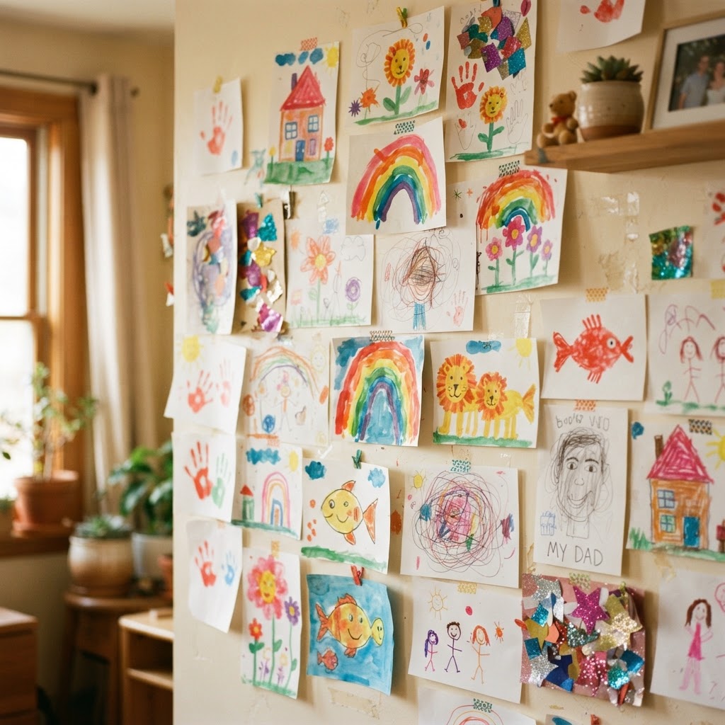 A cosy home wall covered in colourful children's paintings, crayon drawings, and handprint art pinned and taped up in a joyful collage