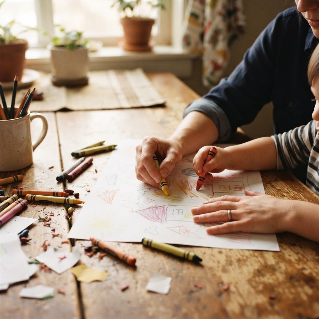 An adult's hand and a small child's hand drawing together with crayons at a table