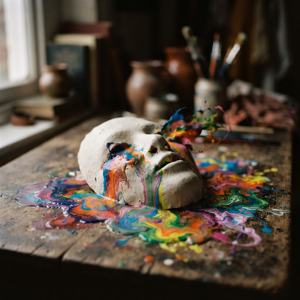 A plain paper mask with colourful paint blooming from inside, no real face visible