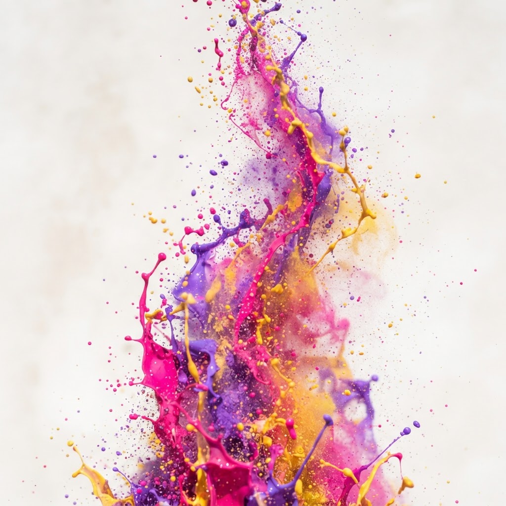 A burst of colourful paint and powder swirling upward as if shaken off, no people visible