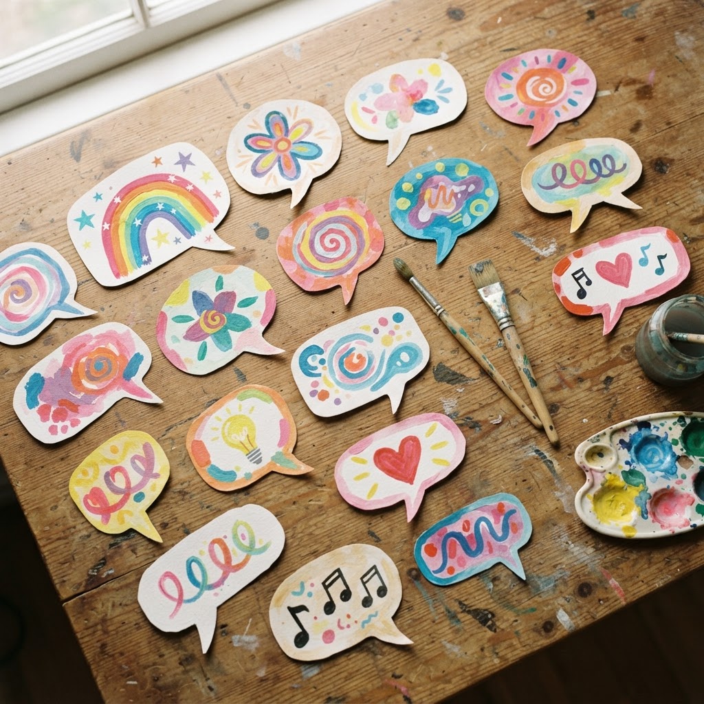 Hand-painted paper speech bubbles with colours and symbols instead of words, no people visible