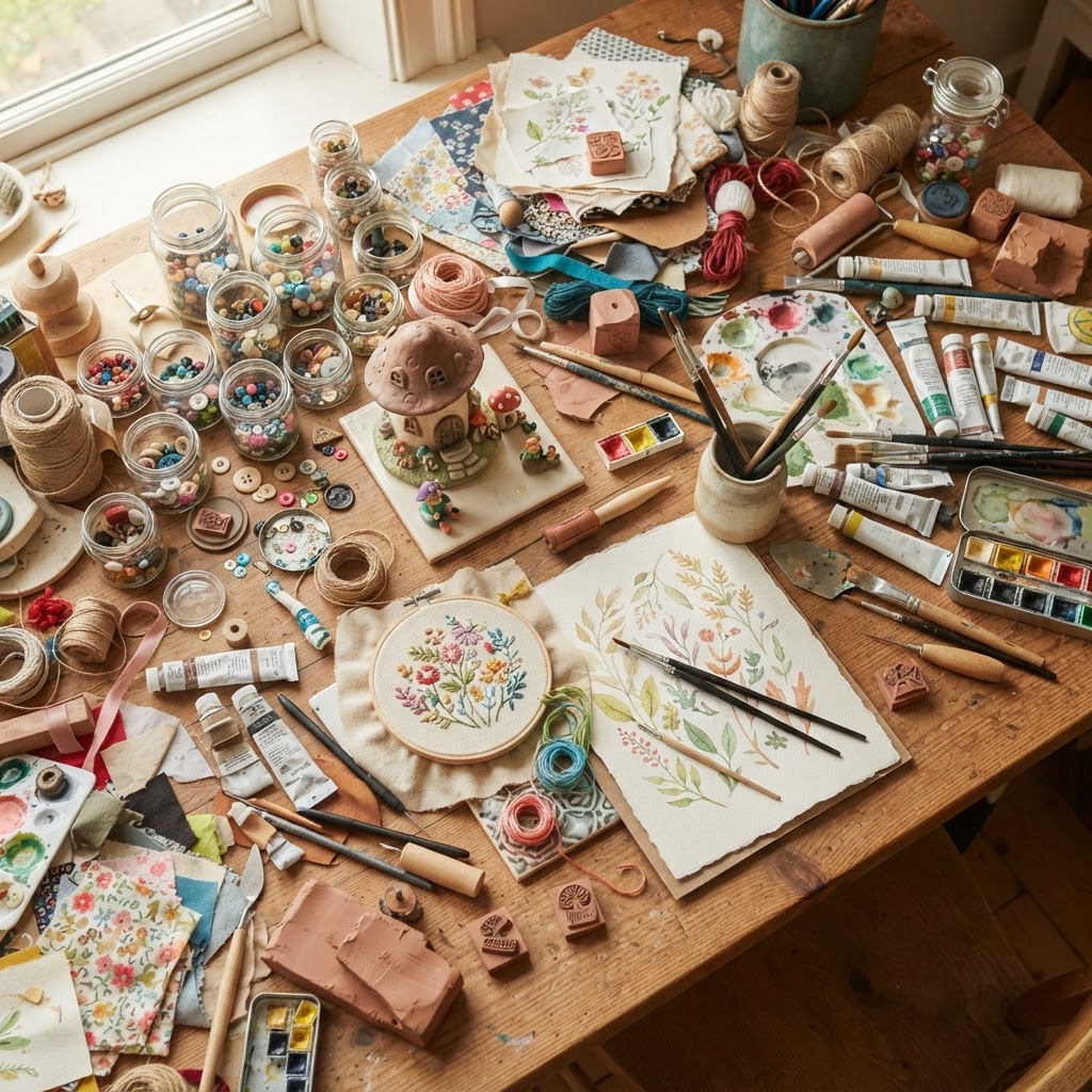 A vibrant maker's table covered in paints, clay, loose parts and half-made creations, no people visible