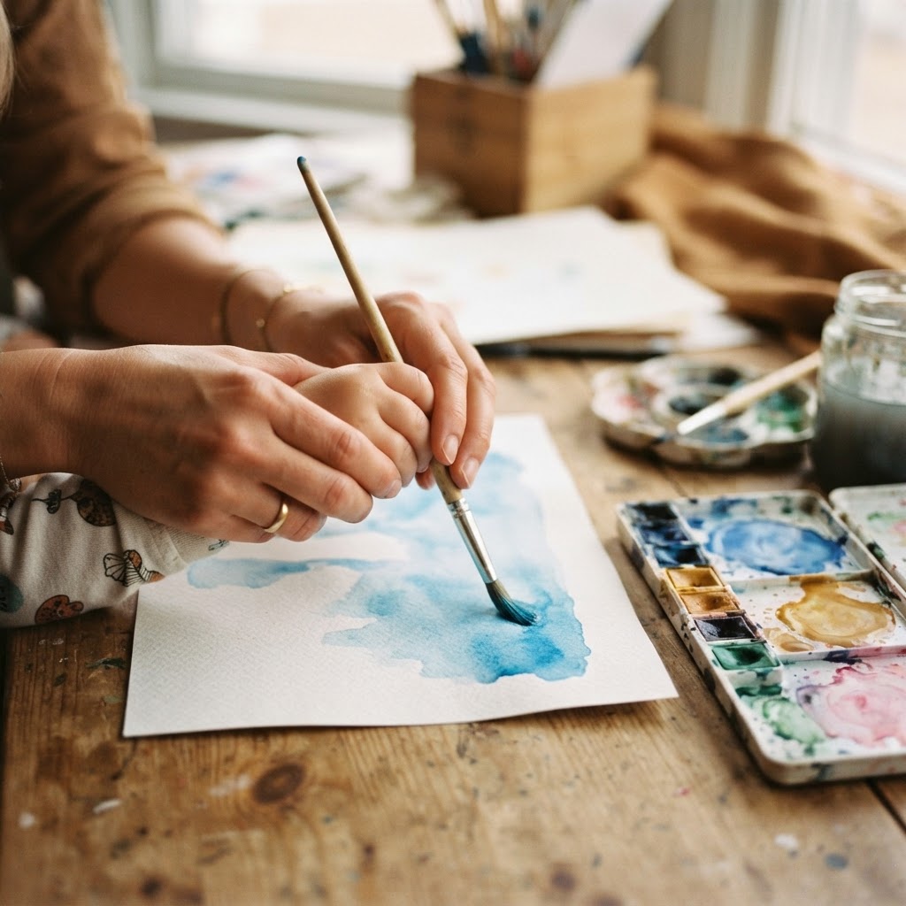 A gentle adult hand guiding a small child's hand holding a paintbrush on watercolour paper