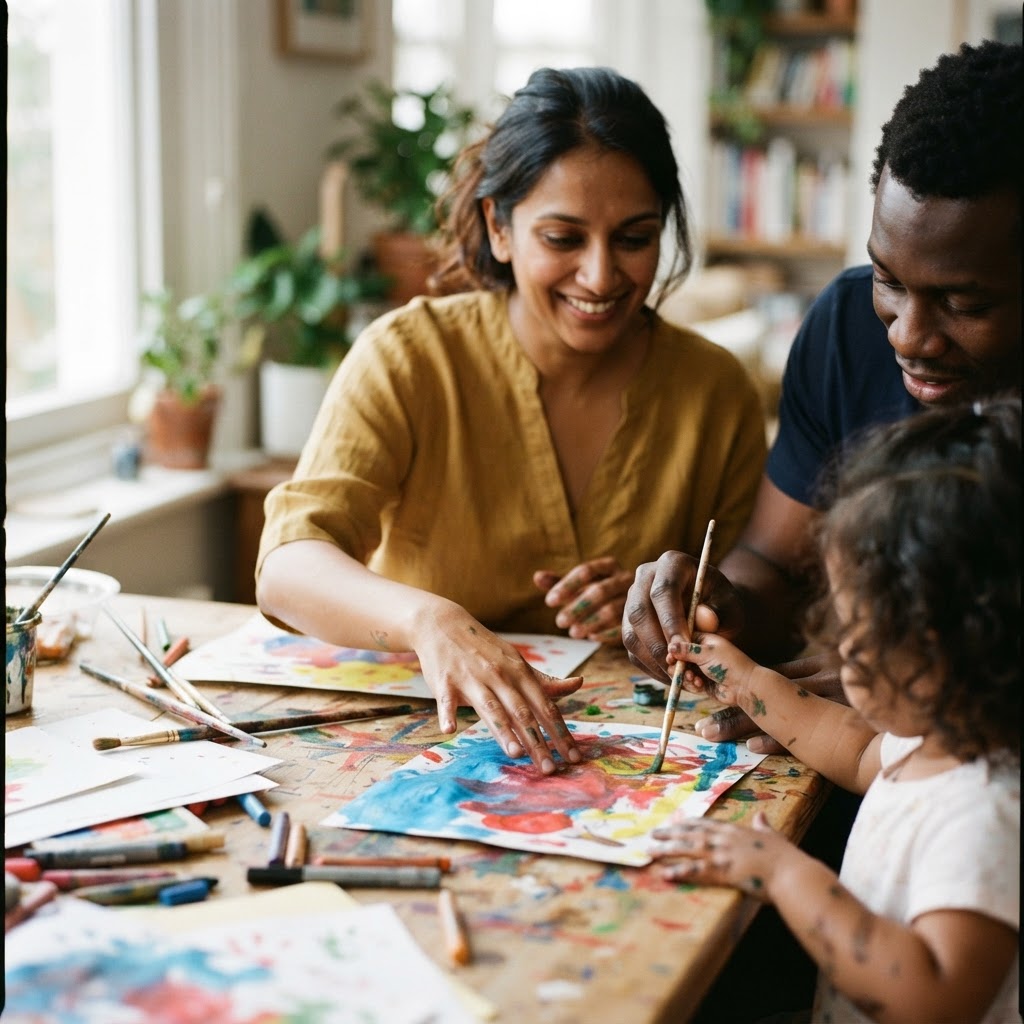A mixed-race family making colourful art together at home