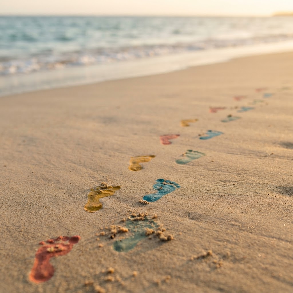 Small painted footprints in soft sand on a beach, no people visible