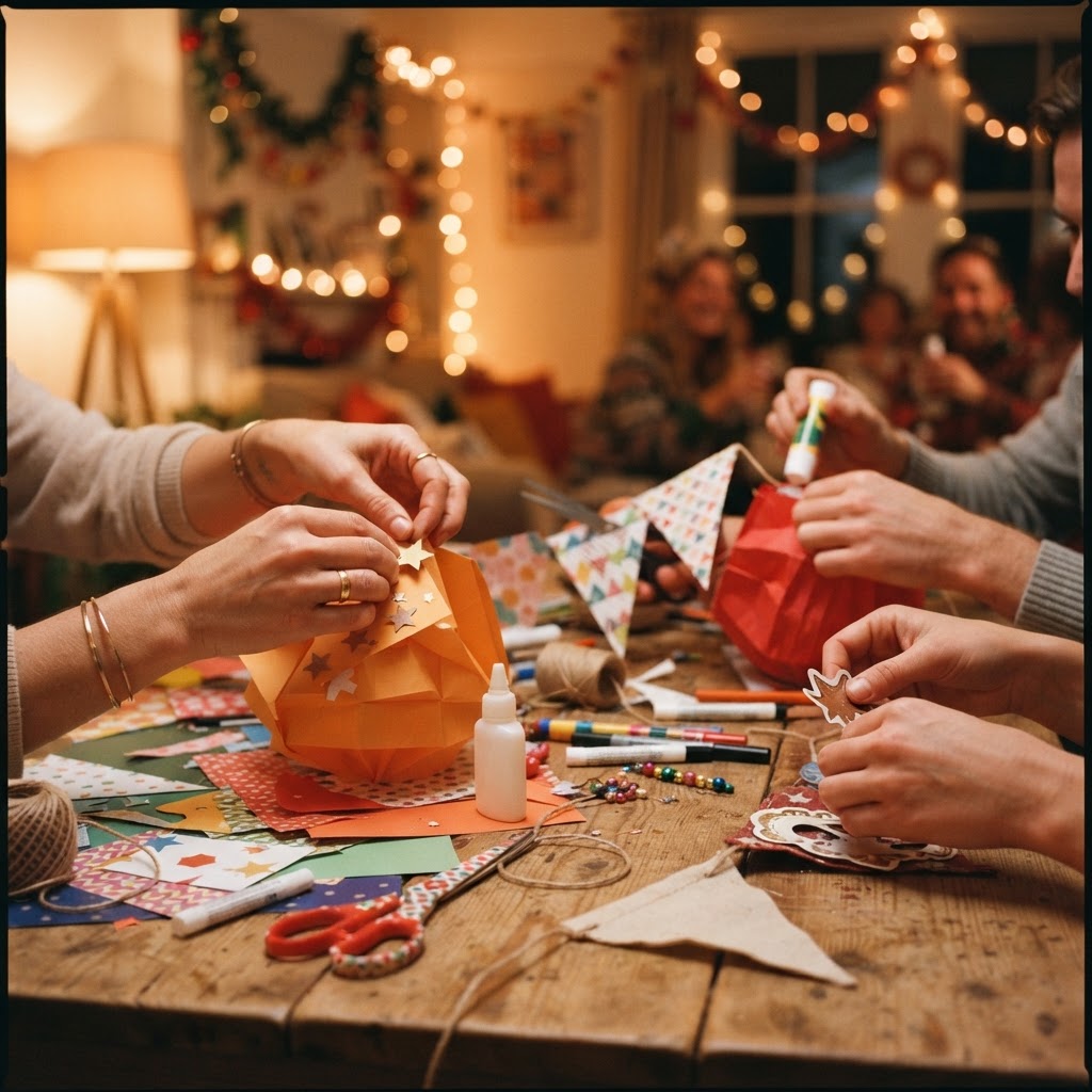 Hands decorating paper lanterns and bunting together, surrounded by coloured paper and craft materials