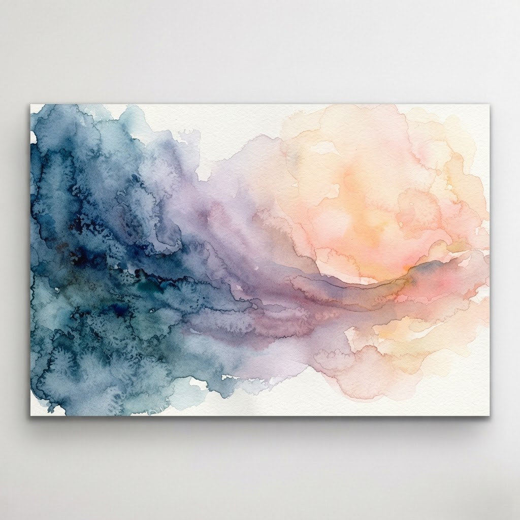 An abstract watercolour gradient flowing from stormy blue into calm pastel, no people visible