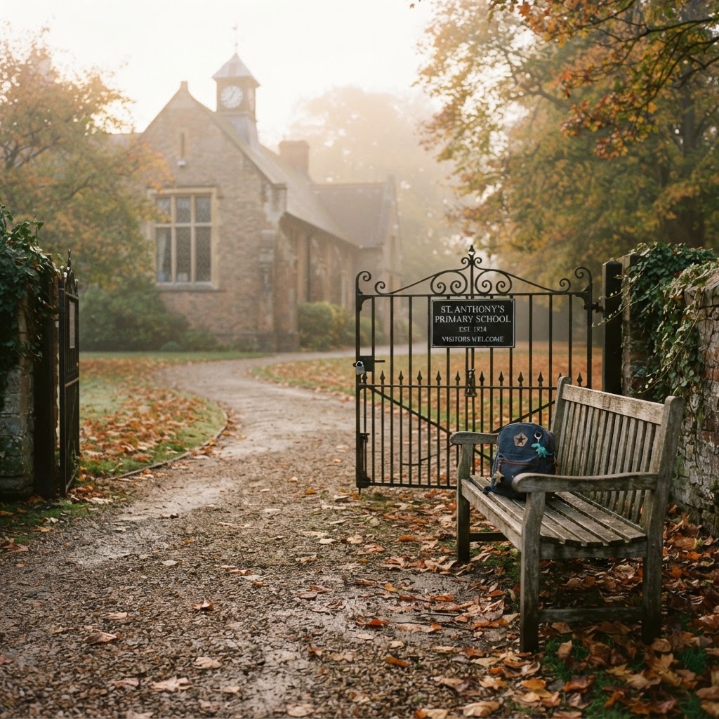 An empty school gate and pathway in soft morning light with a small backpack on a bench, no people visible