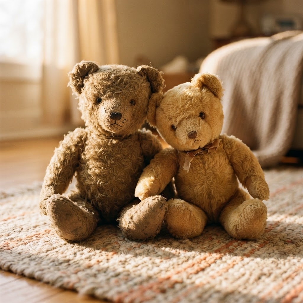 Two soft teddy bears sitting side by side on a cosy rug in warm light, no people visible