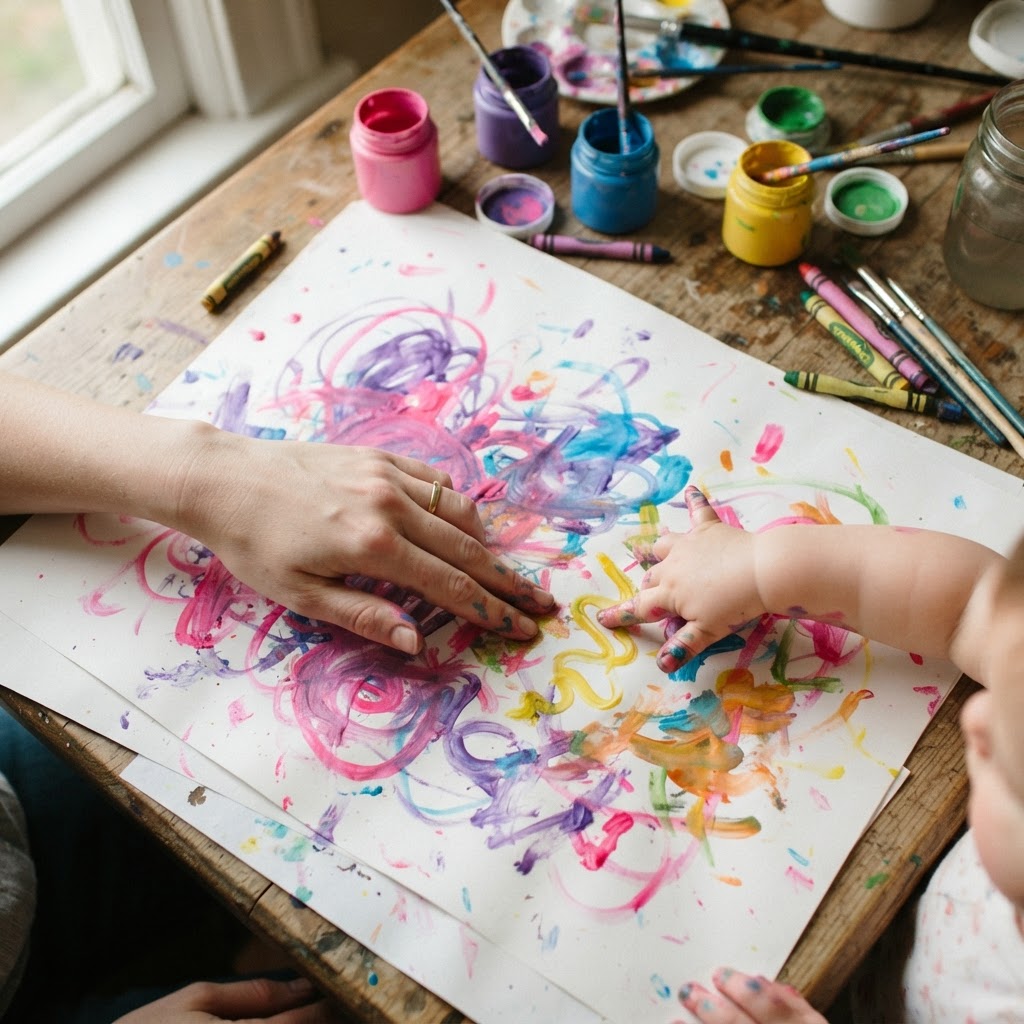 Hands painting colourful marks together on paper