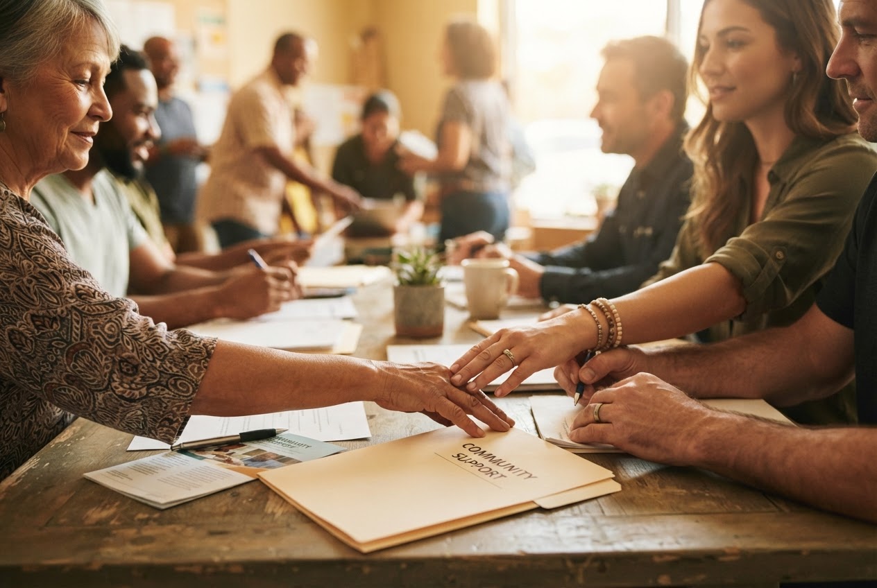 Diverse hands working together around a community table, symbolizing partnership and support