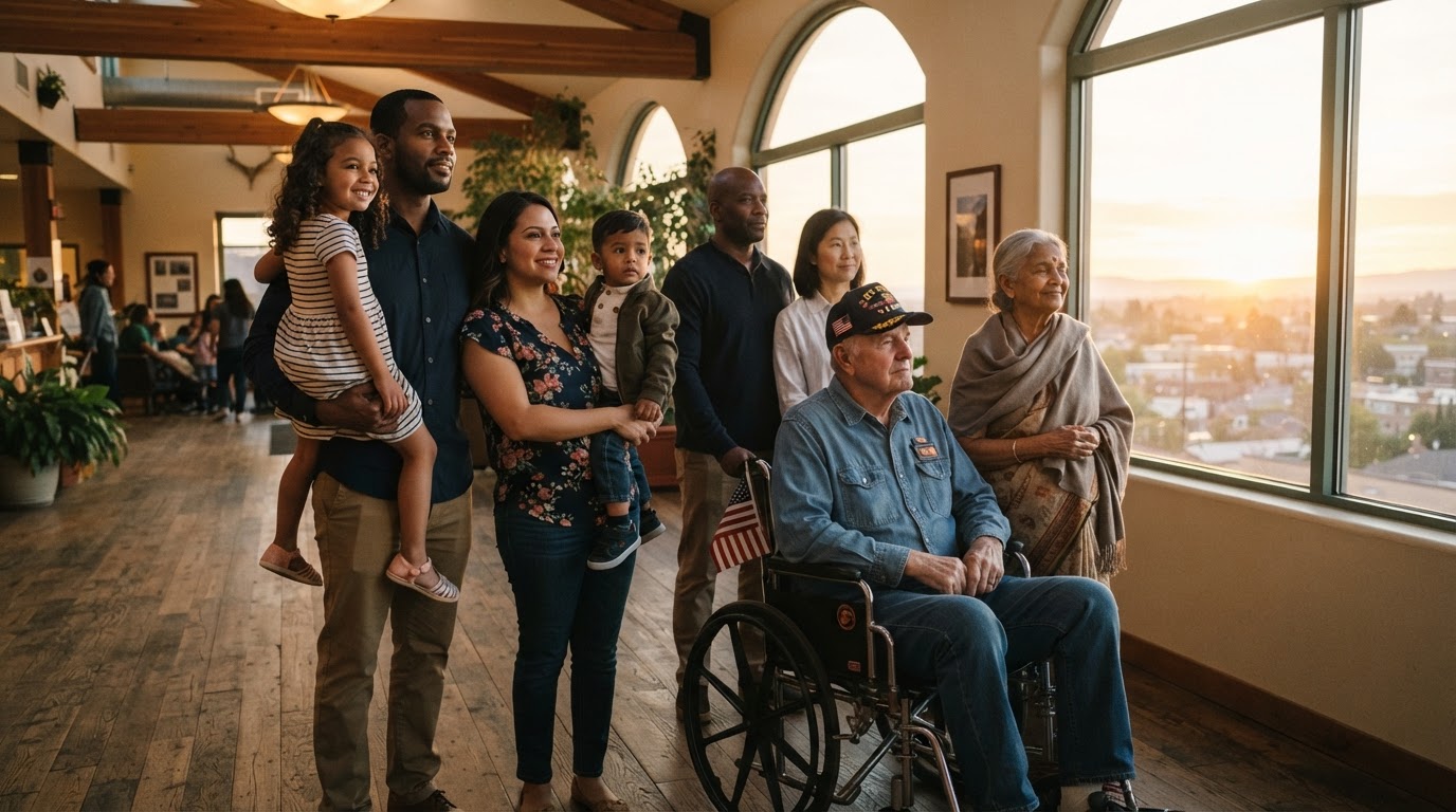 Diverse families and veterans standing together in a bright community space at golden hour, looking hopeful