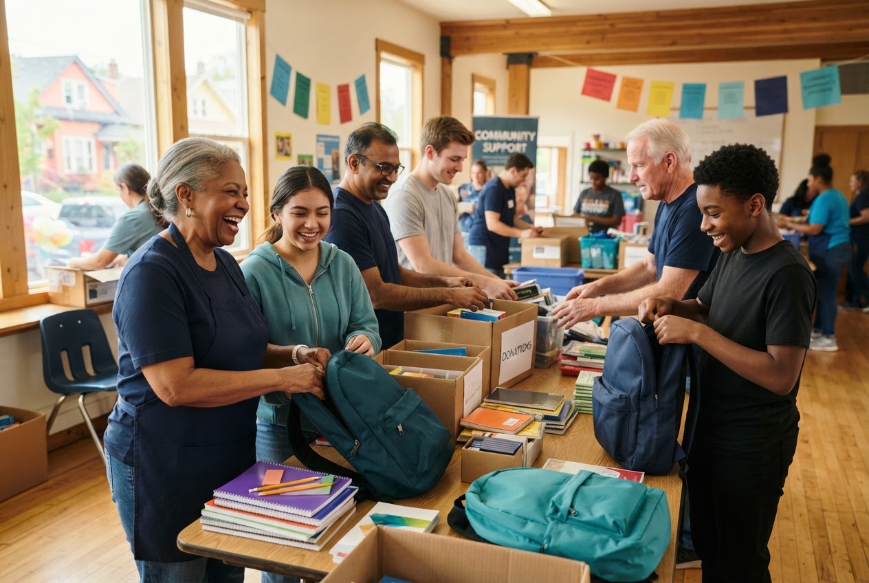Volunteers sorting donations and packing backpacks together in a community center